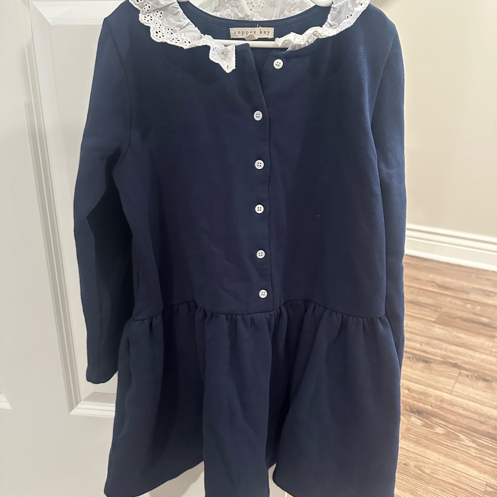 Copper Key Midnight Blue Dress with White Lace Accents